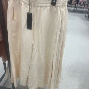 Cream Elastic-Waist Pleated Midi Skirt